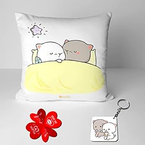 Peach and Goma Mochi Cat Pillow Cushion, Gifts for him, Boyfriend, Girlfriend, Valentines Gift for Girlfriend, Valentine Pillow for Couple, Peach Goma Pillow, Keychain with Card (Combo-13)