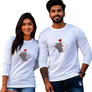 Matching Couple T-Shirts for Men & Women | Regular Fit Half & Full Sleeve Round Neck Printed T-Shirt for Husband Wife | Girlfriend Boyfriend | Polycotton, Pack of 2 (White)(DLCHP053)