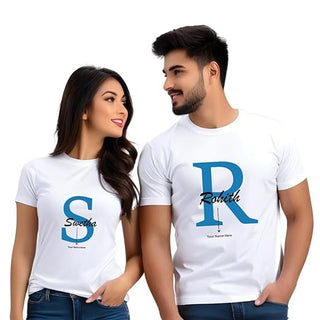 Couple T Shirts for Couple-Husband Wife Matching Dress-Couple Tshirt Combo- Regular Fit Cotton Round Neck Half Sleeve (cus-Couple-Initials)