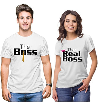 Couple Tshirts for Couples | Printed The Boss The Real Boss T-Shirts | Men's and Women's Round Neck T-Shirt (Pack of 2, Cotton, Half Sleeves) - Giftswale