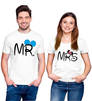 Couple Men's & Women's Cotton Printed Regular Fit T-Shirts (Pack of 2) - Mr Mrs White Color